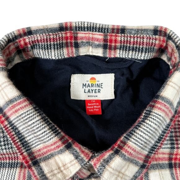 Marine Layer Mens Medium Red Gray Plaid Long Sleeve Flannel Overshirt - Picture 3 of 11